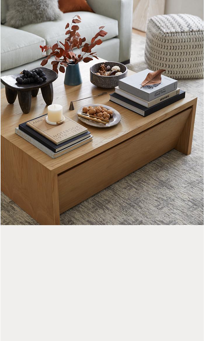 Fireplace with Black Coffee Table Books and Driftwood - Transitional -  Living Room