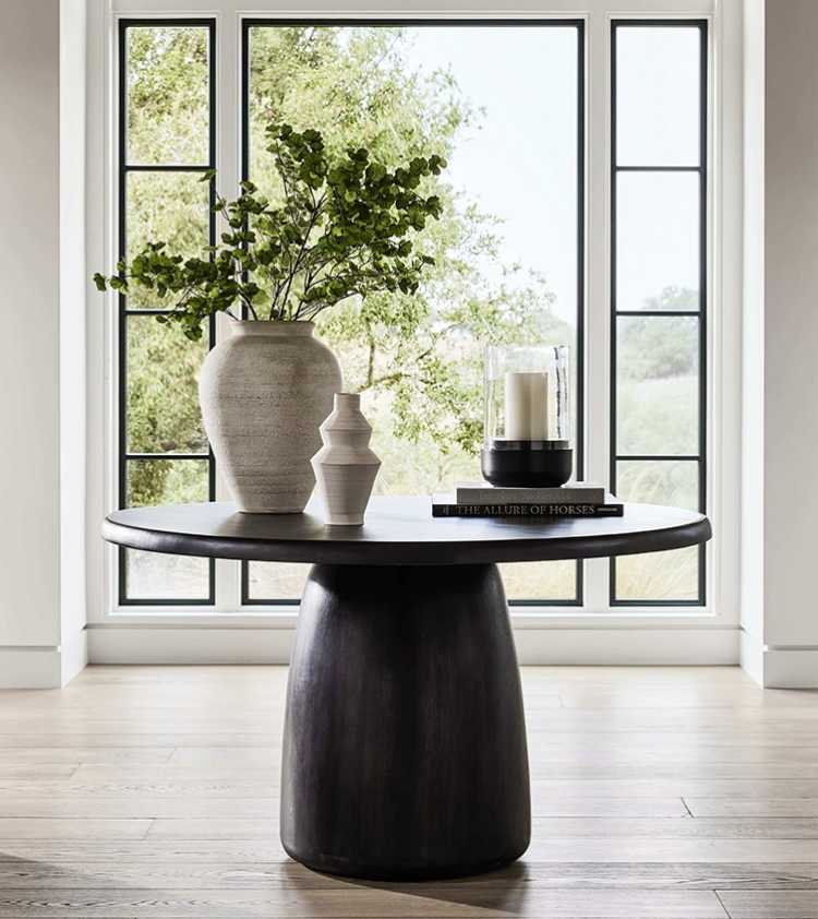 First image: Ophelia vase with Queen Anne's Lace faux botanical stems on Zahn round table. Second image: Closeup of Queen Anne's Lace faux botanical stem