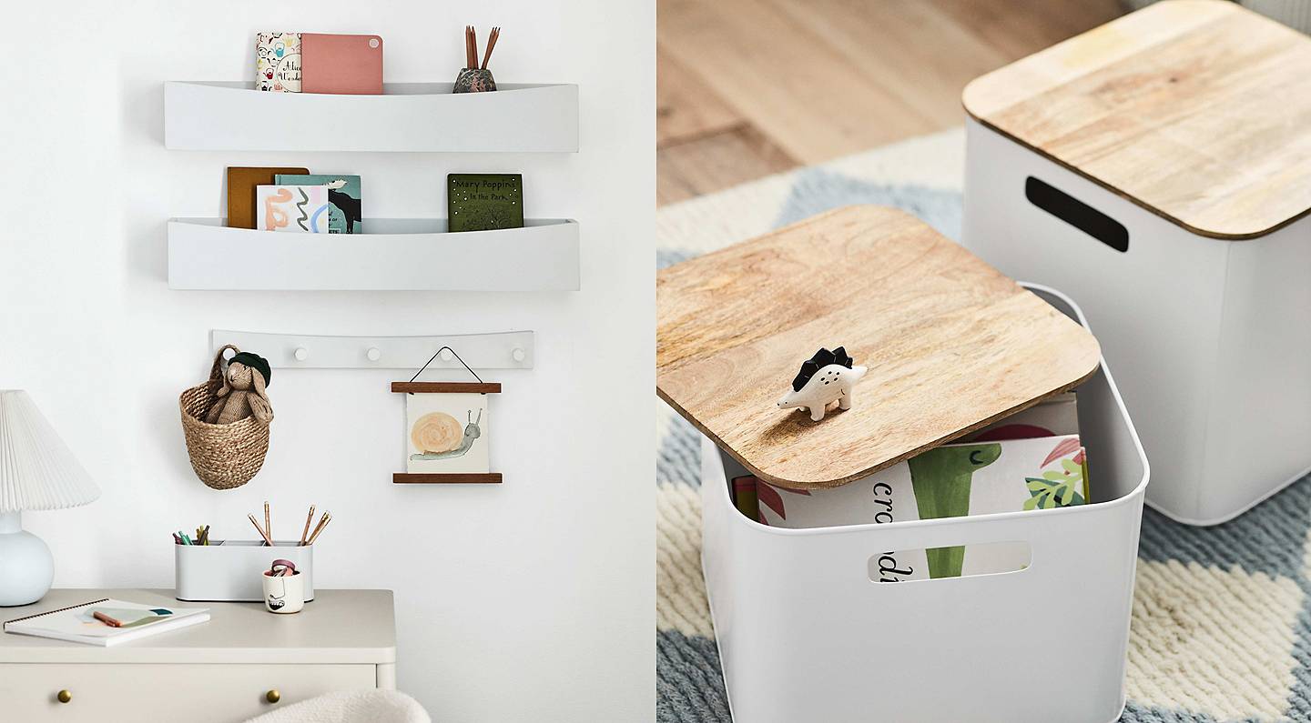 shelves on a wall above a dresser next to an image of two storage bins