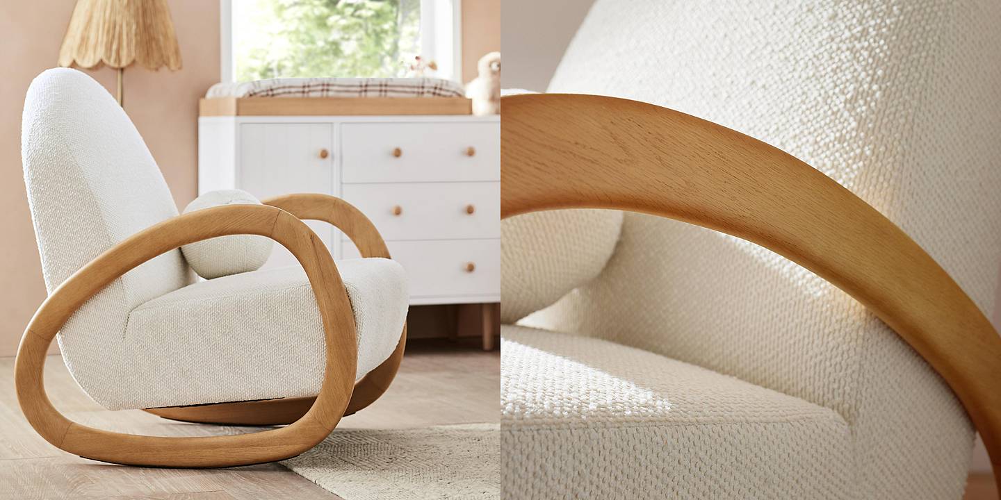 White textured rocking chair with wooden armrests in nursery