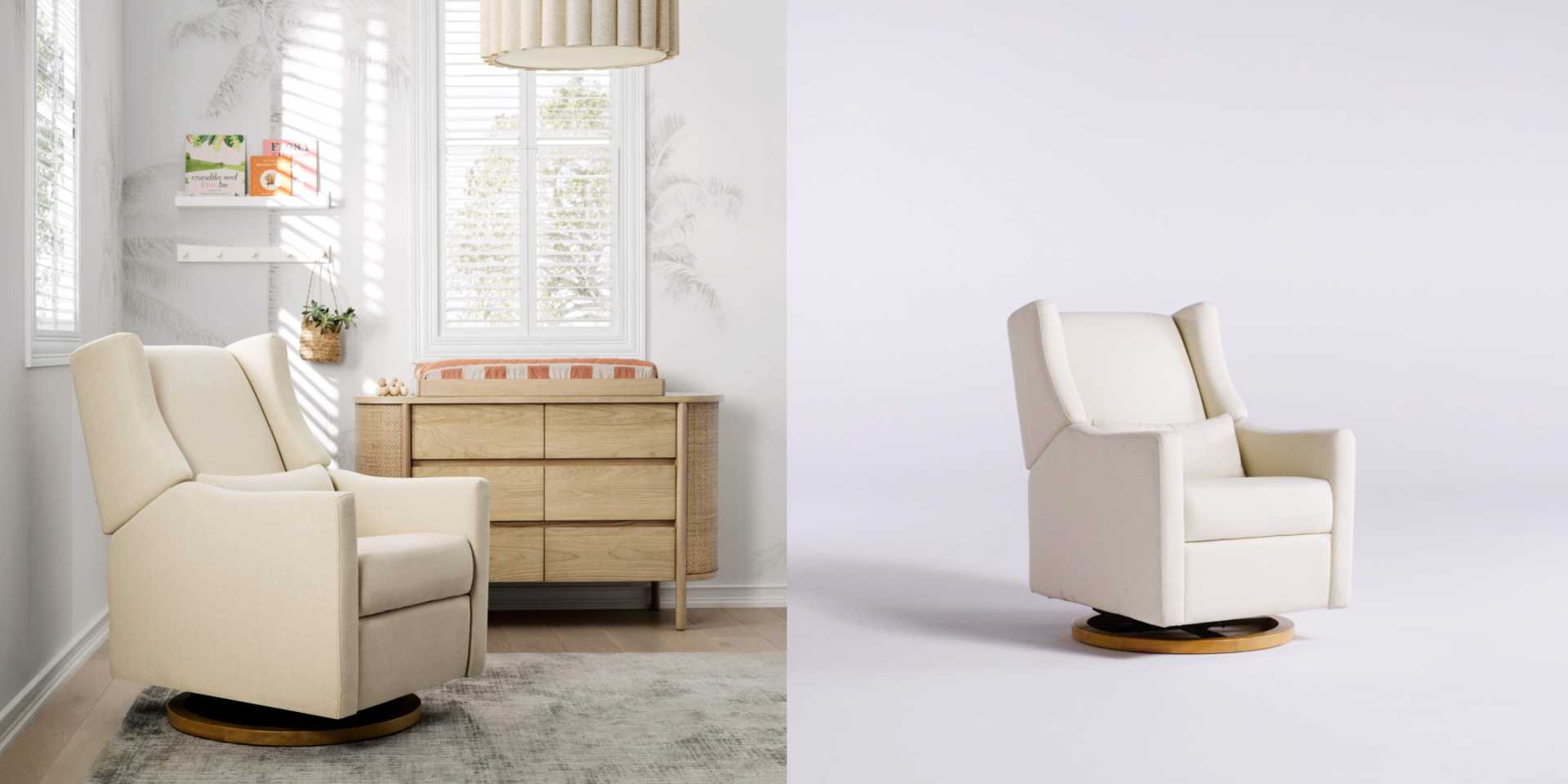 side by side image and video of white rocking chair with recliner and charging port being utilized in a nursery