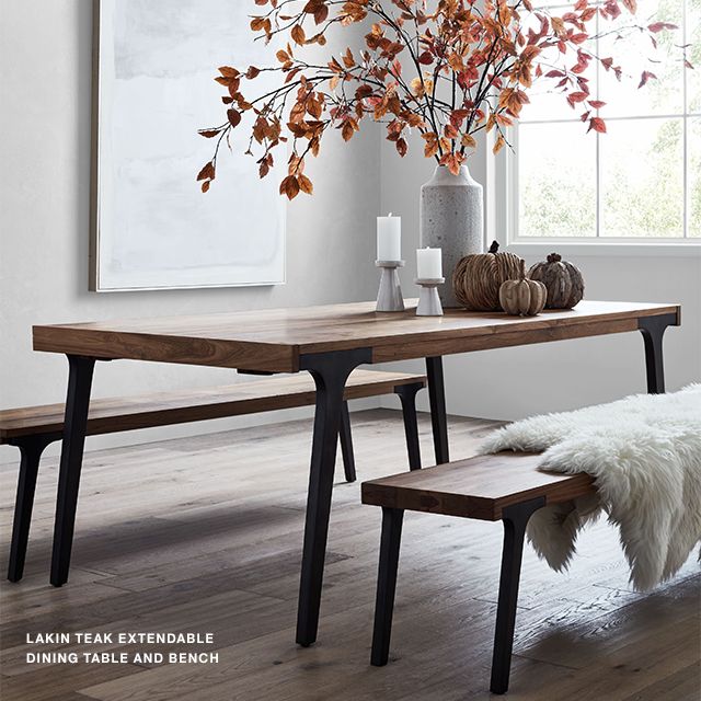 Lakin teak extendable dining table and bench