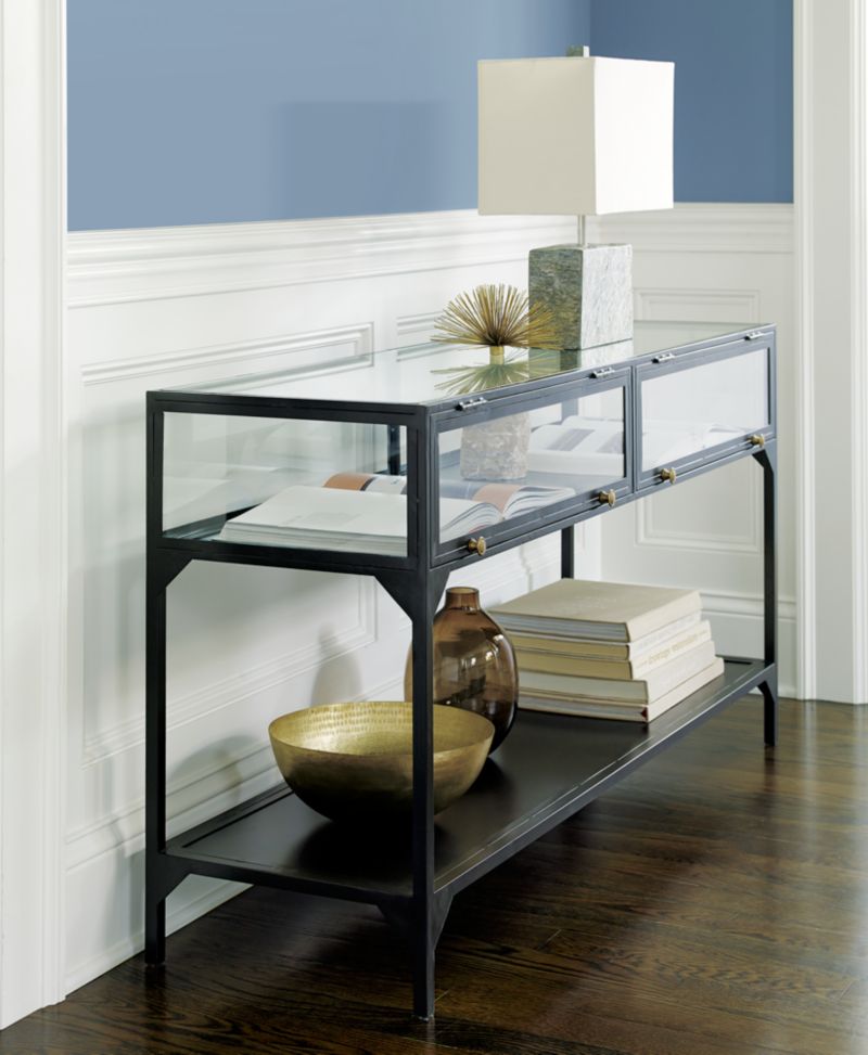 Ventana 54" Rectangular Black Iron and Glass Storage Console Table