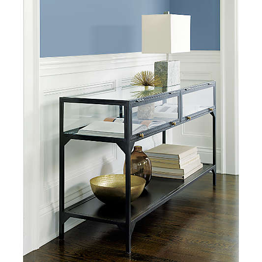 Ventana 54" Rectangular Black Iron and Glass Storage Console Table